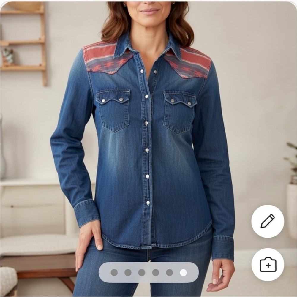 Gap Small Slim Fit Denim Western Shirt Red Blue Yoke Snap Cowboy